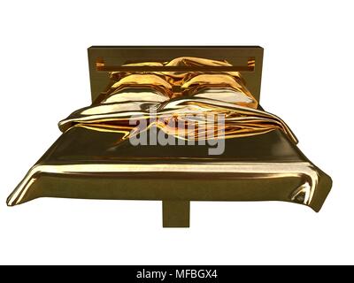 3D-Rendering von einem goldenen Bett auf einem weißen Hintergrund isoliert Stockfoto