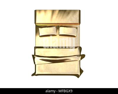 3D-Rendering von einem goldenen Bett auf einem weißen Hintergrund isoliert Stockfoto