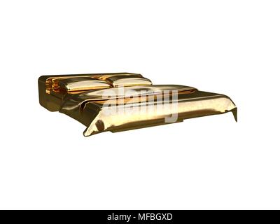 3D-Rendering von einem goldenen Bett auf einem weißen Hintergrund isoliert Stockfoto