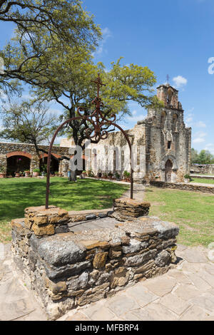 San Antonio Texas - Mission Espada Kirche, einer der Franziskanischen Missionen in San Antonio, San Antonio Missions National Historical Park, Texas, USA Stockfoto