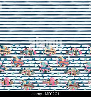 Nahtlose Muster mit unterschiedlichen Fische auf gestreiften Hintergrund, Vector Illustration Stock Vektor