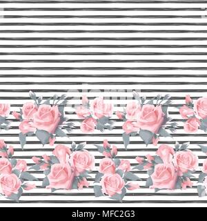 Nahtlose Muster mit rosa Rosen Rand auf weißem Hintergrund mit Streifen grunge Textur. Rosen Muster. Stock Vektor