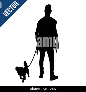 Silhouette eines Mannes mit einem Hund auf weißem Hintergrund, Vector Illustration Stock Vektor