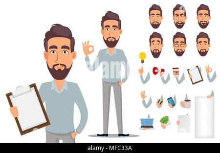 Business Mann in legere Kleidung. Geschäftsmann Cartoon Character Creation, Pack von Teilen des Körpers und der Gefühle. Vector Illustration auf weißem Hintergrund Stock Vektor