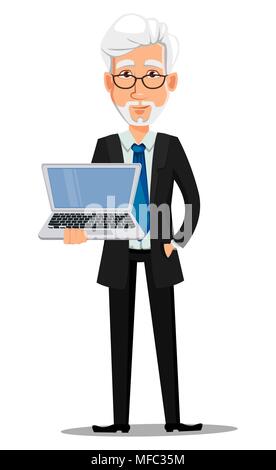 Business Mann in Office style Kleidung mit grauen Haaren. Geschäftsmann Zeichentrickfigur holding Laptop. Vector Illustration auf weißem Hintergrund Stock Vektor