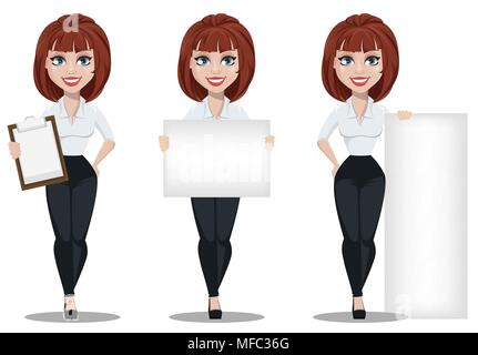 Business Woman in Office style Kleidung mit braunen Haaren. Geschäftsfrau cartoon Charakter, mit Zwischenablage und mit Plakaten. Vector Illustration auf Stock Vektor