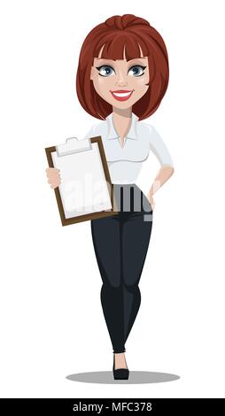 Business Woman in Office style Kleidung mit braunen Haaren. Geschäftsfrau Zeichentrickfigur holding Leere Zwischenablage. Vector Illustration auf weißen backgrou Stock Vektor