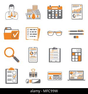Wirtschaftsprüfung, Steuer, Buchhaltung zwei farbige Symbole gesetzt Stock Vektor