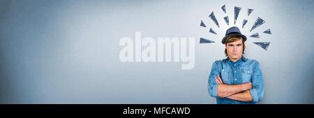 Grumpy zornigen Mann mit Dreieck Gekritzel auf blauem Hintergrund Stockfoto