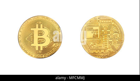 Nähe zu beiden Seiten des Goldenen bitcoin physischen Münze auf weißem Hintergrund Stockfoto