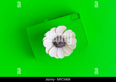 Neon Grün retro Film Foto Kamera mit Blume in der Form der Objektiv minimale Surrealismus kreatives Konzept. Stockfoto