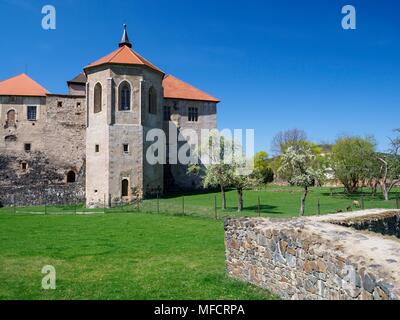 Wasserschloss Svihov, Turm, Dach, Rasen, Wände Stockfoto
