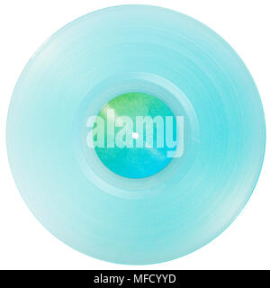 Cyan transparentes Vinyl record Cd mit Papier Label auf weißem Hintergrund. Stockfoto