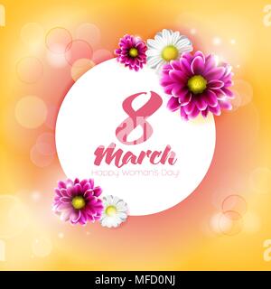 Runde Banner mit dem Logo für den Internationalen Frauentag auf Sun Hintergrund Brassen. Flyer für den 8. März mit der Einrichtung von Blumen. Einladungen mit f Stock Vektor