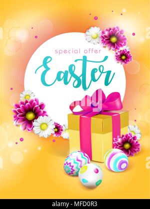 Sunny template vector Karte mit realistischen Eier, Geschenkbox und Blumen. Handschrift Aufschrift Frohe Ostern. Schrift, Kalligraphie. 3D. Stock Vektor
