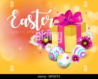Sunny template vector Karte mit realistischen Eier, Geschenkbox und Blumen. Handschriftliche Beschriftung Ostern. Schrift, Kalligraphie. 3D. Stock Vektor