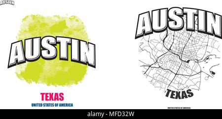 Austin, Texas, Logo Design. Zwei in einem Vektor Kunst Großes Logo mit Vintage Briefe mit schönen farbigen Hintergrund und eine - Farbe - Version mit Karte für immer Stock Vektor