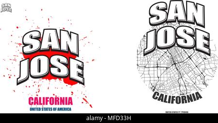 San Jose, Kalifornien, Logo Design. Zwei in einem Vektor Kunst Großes Logo mit Vintage Briefe mit schönen farbigen Hintergrund und eine - Farbe - Version mit Karte f Stock Vektor