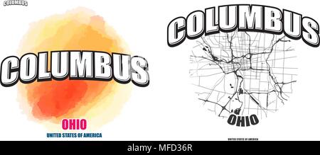 Columbus, Ohio, Logo Design. Zwei in einem Vektor Kunst Großes Logo mit Vintage Briefe mit schönen farbigen Hintergrund und eine - Farbe - Version mit Karte für Eve Stock Vektor