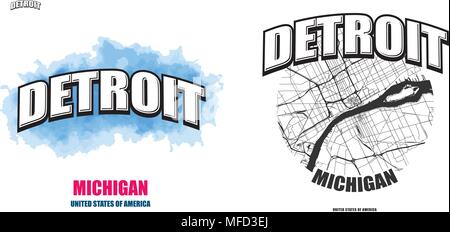 Detroit, Michigan, Logo Design. Zwei in einem Vektor Kunst Großes Logo mit Vintage Briefe mit schönen farbigen Hintergrund und eine - Farbe - Version mit Karte für Stock Vektor