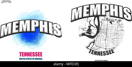 Memphis, Tennessee, Logo Design. Zwei in einem Vektor Kunst Großes Logo mit Vintage Briefe mit schönen farbigen Hintergrund und eine - Farbe - Version mit Karte für Stock Vektor