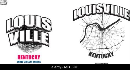 Louisville, Kentucky, Logo Design. Zwei in einem Vektor Kunst Großes Logo mit Vintage Briefe mit schönen farbigen Hintergrund und eine - Farbe - Version mit Karte f Stock Vektor