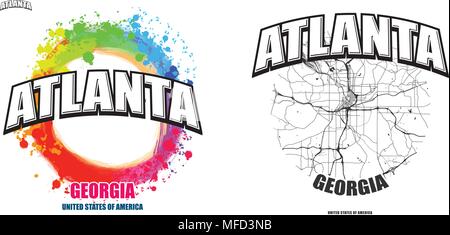 Atlanta, Georgia, Logo Design. Zwei in einem Vektor Kunst Großes Logo mit Vintage Briefe mit schönen farbigen Hintergrund und eine - Farbe - Version mit Karte für e Stock Vektor