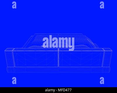 3D-Rendering von einem Bett bauplan als Linien auf einem blauen Hintergrund Stockfoto