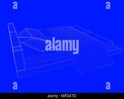 3D-Rendering von einem Bett bauplan als Linien auf einem blauen Hintergrund Stockfoto