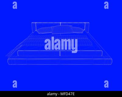 3D-Rendering von einem Bett bauplan als Linien auf einem blauen Hintergrund Stockfoto