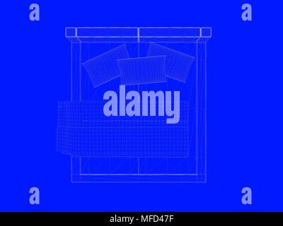 3D-Rendering von einem Bett bauplan als Linien auf einem blauen Hintergrund Stockfoto