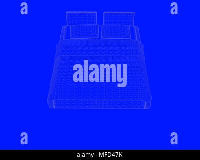 3D-Rendering von einem Bett bauplan als Linien auf einem blauen Hintergrund Stockfoto
