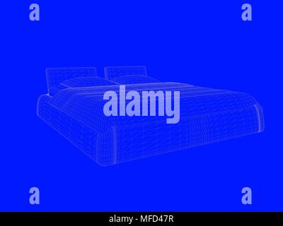 3D-Rendering von einem Bett bauplan als Linien auf einem blauen Hintergrund Stockfoto