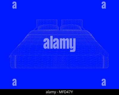 3D-Rendering von einem Bett bauplan als Linien auf einem blauen Hintergrund Stockfoto