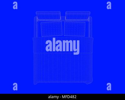 3D-Rendering von einem Bett bauplan als Linien auf einem blauen Hintergrund Stockfoto