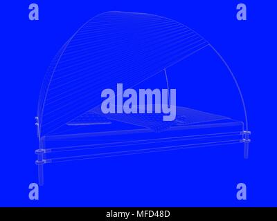 3D-Rendering von einem Bett bauplan als Linien auf einem blauen Hintergrund Stockfoto