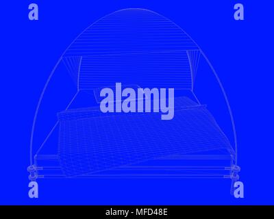 3D-Rendering von einem Bett bauplan als Linien auf einem blauen Hintergrund Stockfoto