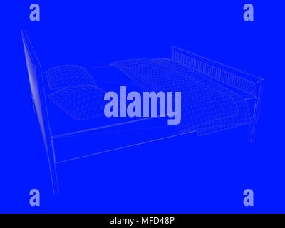 3D-Rendering von einem Bett bauplan als Linien auf einem blauen Hintergrund Stockfoto