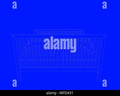 3D-Rendering von einem Bett bauplan als Linien auf einem blauen Hintergrund Stockfoto