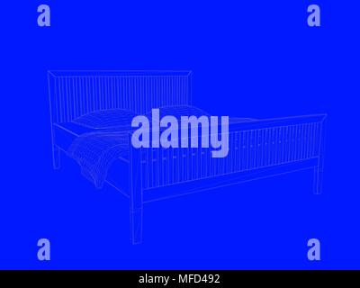 3D-Rendering von einem Bett bauplan als Linien auf einem blauen Hintergrund Stockfoto