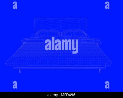 3D-Rendering von einem Bett bauplan als Linien auf einem blauen Hintergrund Stockfoto