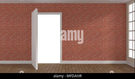 Tür in einem modernen Zimmer mit einer Mauer und Holzfußboden, 3D-Rendering öffnen Stockfoto