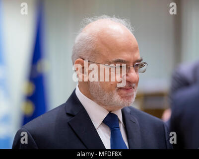 Brüssel, Belgien. 25 Apr, 2018. Irakischen Außenminister Ibrahim al-Jaafari besucht eine Konferenz über die "Unterstützung der Zukunft der Syrien und der Region am EU-Sitz in Brüssel, Belgien, 25. April 2018. Credit: Thierry Monass/Xinhua/Alamy leben Nachrichten Stockfoto