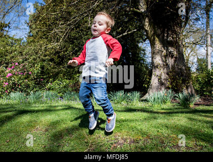 Worksop, Nottinghamshire, Großbritannien. Mittwoch, 25. April 2018. Sam Wilson, zwei Jahre alt, spielt draußen im Sonnenschein an Clumber Park, Worksop, Nottinghamshire. Credit: James Wilson/Alamy leben Nachrichten Stockfoto
