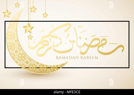 Banner auf Ramadan Kareem. Gold der Mond im schwarzen Rahmen. Islamische geometrische Verzierung. Hand gezeichnet Kalligraphie. Religion heiligen Monat. Gold 3d-Sterne hängen. Eid M Stock Vektor