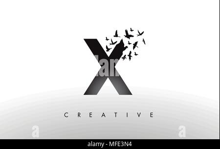 X Logo Brief mit fliegenden Schwarm Vögel zerfallenden aus dem Brief. Vogel Schreiben Symbol Fliegen. Stock Vektor