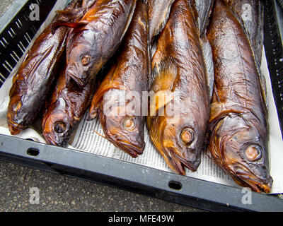 Geräucherter Fisch auf das Tablett Verkäufer Stockfoto