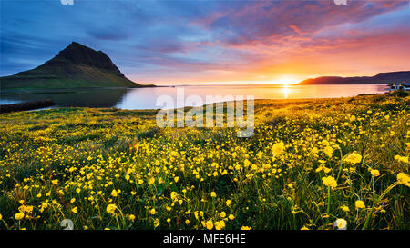 Den malerischen Sonnenuntergang über Landschaften und Wasserfällen. Kirkjufell Berg, Island Stockfoto