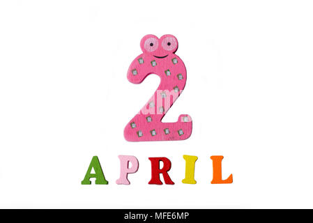 April 2, auf einem weißen Hintergrund aus Zahlen und Buchstaben. Kalender. Stockfoto