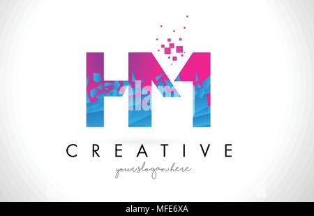 HM H M schreiben Logo mit gebrochenen Shattered Blau Rosa Dreiecke Textur Design Vector Illustration. Stock Vektor